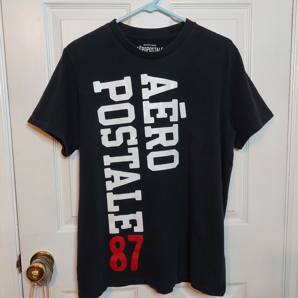 Aeropostale Black Short Sleeve Tshirt Spell Out White Lettering Preppy Size L